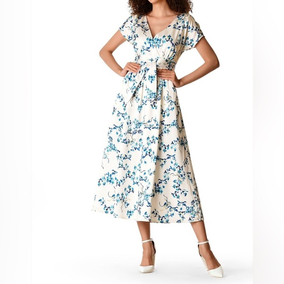 eshakti Dresses & Skirts - Eshakti Sash Tie Floral Print Satin Dress Size Large 14